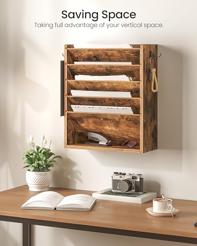 Wall File Organizer, 6-Tier Vertical Mount Hanging Holder with 2 Side Hooks, Vintage Wooden Magazine Storage Crate with Bottom Flat Tray, Desk Organizer, for Office, Home, Rustic Brown MWJ01FG