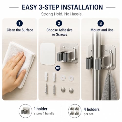 Broom Holder Wall Mount 4 Pack, Heavy Duty Mop and Broom Hanger with Hooks | Innovihue 304 Stainless Steel Broom Hanger, Self Adhesive or Screw Mount Organizer for Kitchen Laundry Garage