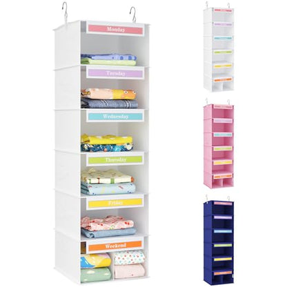 Lifewit 6 Shelf Weekly Hanging Clothes Storage Organizer for Kids, White | Closet Storage with Color Labels for School Outfits, Daily Clothing Divider with Days of The Week Monday to Friday Weekend