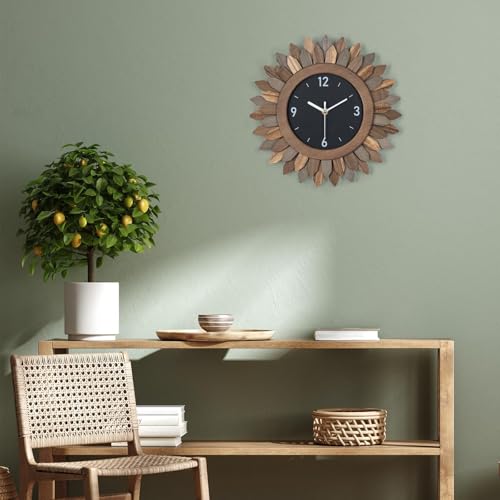 Wall Clock Battery Operated 12 in Rustic Wood Boho Sunburst Decorative Wall Clock Silent Non Ticking Farmhouse Small Wall Clocks for Living Room Kitchen Bathroom Bedroom Decor (Tricolor)