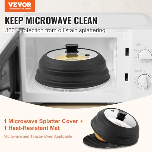 VEVOR Microwave Splatter Cover & Mat, 10.8" Collapsible Microwave Lid for Food, 500°F Heat-Resistant Silicone & Tempered Glass Splatter Guard for Plate Dish, Multi-Purpose Kitchen Gadget with Handle