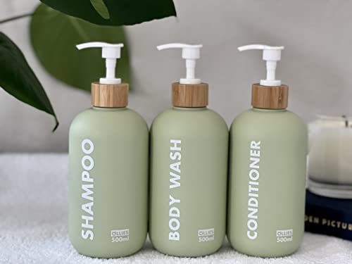 OLLIES Shampoo and Conditioner Dispenser, Shower Soap Dispenser for Bathroom, Set of 3 with Permanent Stylish Label, 17oz, 500ml Refillable Shampoo and Conditioner Bottles Green