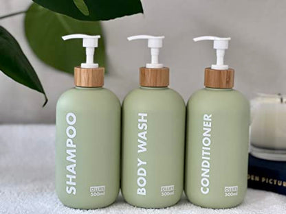 OLLIES Shampoo and Conditioner Dispenser, Shower Soap Dispenser for Bathroom, Set of 3 with Permanent Stylish Label, 17oz, 500ml Refillable Shampoo and Conditioner Bottles Green