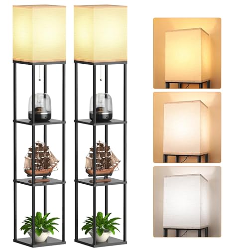 Floor Lamp with Shelves for Living Room 2 Pack, Shelf Floor Lamp with 3 CCT LED Bulb, Corner Display Standing Column Lamp Etagere Organizer Tower Nightstand with White Linen Shade for Bedroom, Office