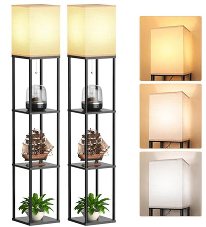 Floor Lamp with Shelves for Living Room 2 Pack, Shelf Floor Lamp with 3 CCT LED Bulb, Corner Display Standing Column Lamp Etagere Organizer Tower Nightstand with White Linen Shade for Bedroom, Office