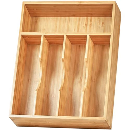 Kitchen Drawer Organizer, 10 Inch Silverware Utensil Tray Holder, Extra Deep, with Non-Slip Feet & Grooved Drawer Divider, 5 Slots Total Bamboo Wood Caddy for Flatware Cutlery Knives