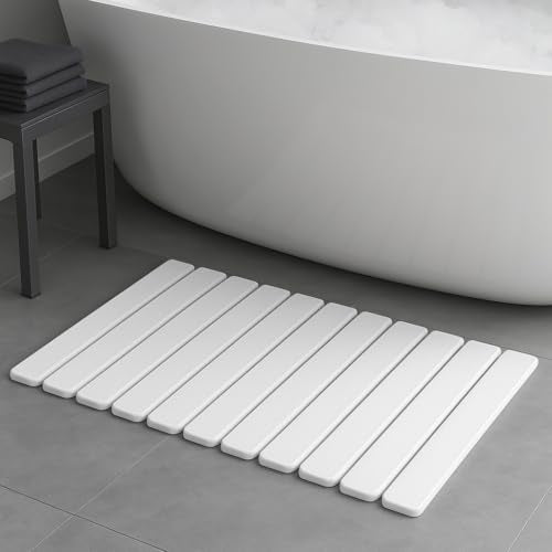 Premium Foldable Stone Bath Mat - Ultra Absorbent Quick Drying Compact Easy to Store & Clean Non-Slip Diatomaceous Earth Bath Shower Mat (White)