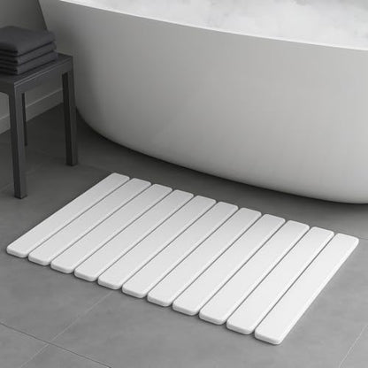 Premium Foldable Stone Bath Mat - Ultra Absorbent Quick Drying Compact Easy to Store & Clean Non-Slip Diatomaceous Earth Bath Shower Mat (White)