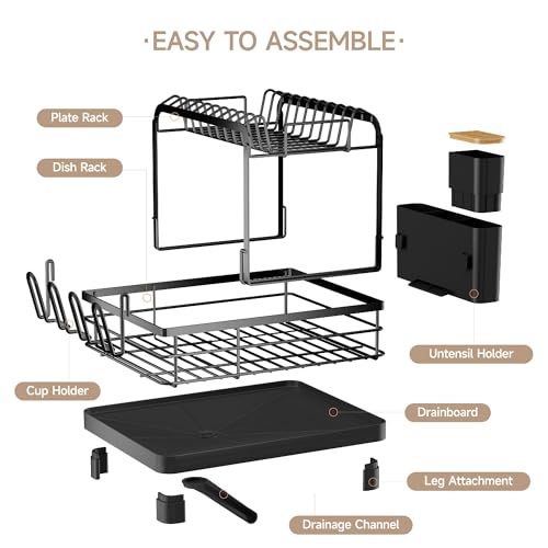 2-Tier Dish Drying Rack, Large Dish Drainers for Kitchen Counter | Anti-Rust Dish Rack with Drainboard, Utensil Holder, Extra Cup Holder, Black