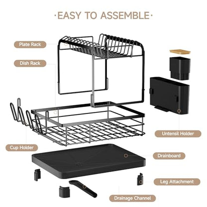 2-Tier Dish Drying Rack, Large Dish Drainers for Kitchen Counter | Anti-Rust Dish Rack with Drainboard, Utensil Holder, Extra Cup Holder, Black