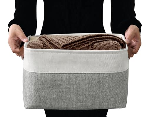 DECOMOMO Storage Bins, Large Fabric Storage Baskets for Shelves 3 Pack | 15 x 11 x 9.5 inches Decorative Linen Closet Organizers (Grey & White)