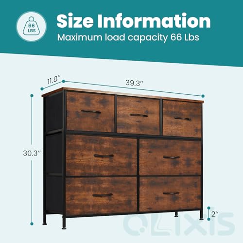 OLIXIS 7 Drawer Closet Organizer, Storage Tower with Sturdy Steel Frame | Dresser for Bedroom, Wooden Top & Easy Pull Fabric Bins, Clothes Organization, Living Room Entryway, Brown