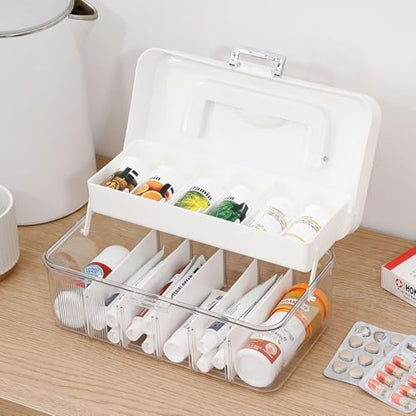 Plastic Bandages Organizer with Lid and Adjustable Dividers | Clear First Aid Bandage and Tapes Storage Container, For Home Office, Bathroom Medicine Cabinet, Ointments, Medical Wrap