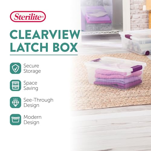 Sterilite 24-Pack ClearView Latch Box, Stackable Storage Organizer Bins for Home, 15 Quart | Clear Plastic Organizers with Color Accent Latches for Closet, Bedroom, Shelving Units, Dorm Room and Home Organization