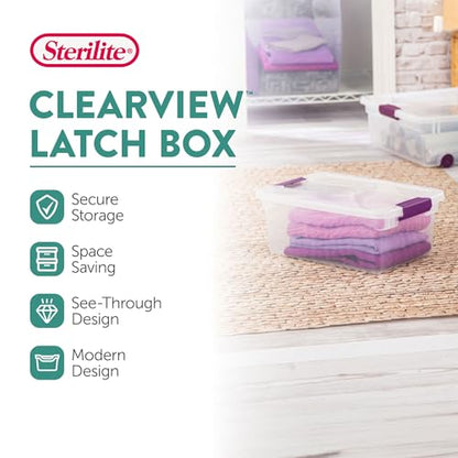Sterilite 24-Pack ClearView Latch Box, Stackable Storage Organizer Bins for Home, 15 Quart | Clear Plastic Organizers with Color Accent Latches for Closet, Bedroom, Shelving Units, Dorm Room and Home Organization
