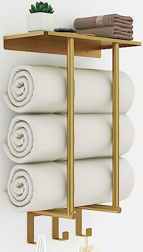 Gold Towel Rack with Shelf, Bethom Bath Towel Storage for Bathroom, Stainless Steel, 3 Hooks Towel Racks for Small Bathroom Wall Mounted