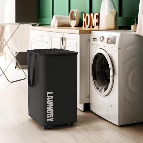 Simple Houseware Large 82L Laundry Basket with Wheels and Handles, Black | Collapsible Waterproof Hamper with Mesh Cover