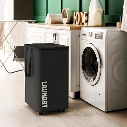 Simple Houseware Large 82L Laundry Basket with Wheels and Handles, Black | Collapsible Waterproof Hamper with Mesh Cover