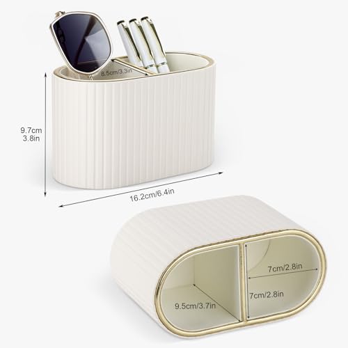 PU Leather Desk Organizer Pen Holder – Dual-Compartment Stylish Pencil Cup Remote Control Holder Desktop Supplies and Accessories Organizer Caddy for Office Home School (Light Beige)