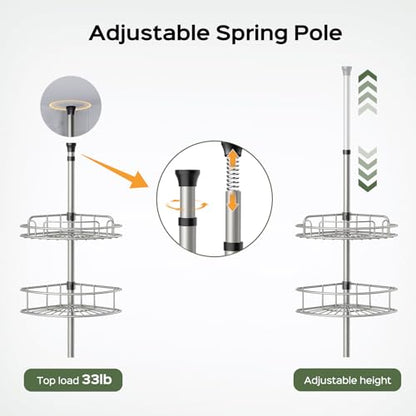 HAMITOR Corner Shower Caddy Tension Pole: 4-Tier Rust-Resistant Adjustable Bathroom Organizer Shelves - 47.72-123.6 Inch No-Drill Quick Install - Space-Saving Storage for Renters Family - Silver Gray