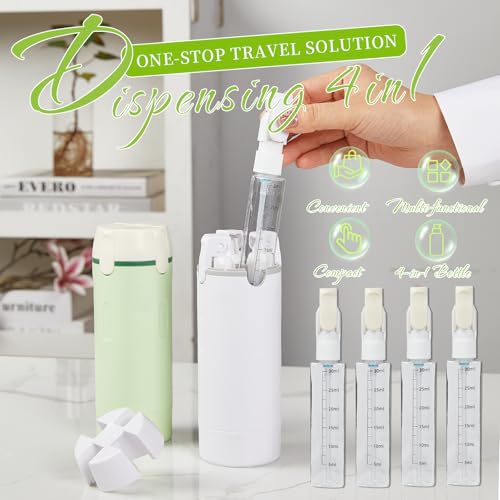 4 in 1 Travel Dispenser Bottle, TSA Approved Travel Bottles for Toiletries,Refillable Leak Proof and Portable for Shampoo, Conditioner, Shower Gel, for Vacation, Camping & Gym.(White+Green)