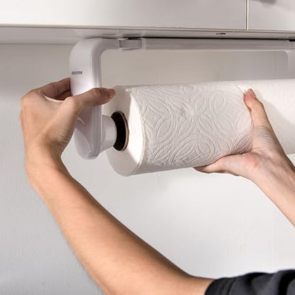 ONE Hand Tear Paper Towel Holder Under Cabinet/Wall for 9.4-11inch, White | adaptive adjustable tension arm | tear one/more sheets at one time | adhesive or drilling | abs plastic | easy to replace