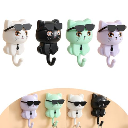 Adhesive Coat Hooks Key Holder, Creative Adhesive Cute Cat Key Hook, Home Storage Utility Wall Decorations for Hanging Hat, Key, Towel, Scarf, Bags, Punch Free (Black+White+Green+Purple)