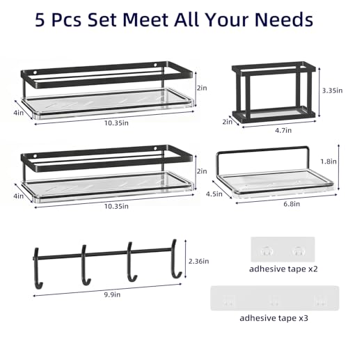 Epicano Adhesive Shower Caddy, 5 Pack Rustproof Stainless Steel Bathroom Shelves, No Drilling Wall Mount Clear Shower Organizer, Large Capacity Storage for Bathroom,Kitchen,Dorm and RV, Black