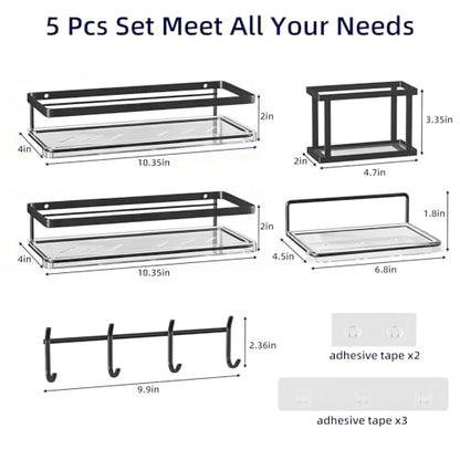 Epicano Adhesive Shower Caddy, 5 Pack Rustproof Stainless Steel Bathroom Shelves, No Drilling Wall Mount Clear Shower Organizer, Large Capacity Storage for Bathroom,Kitchen,Dorm and RV, Black