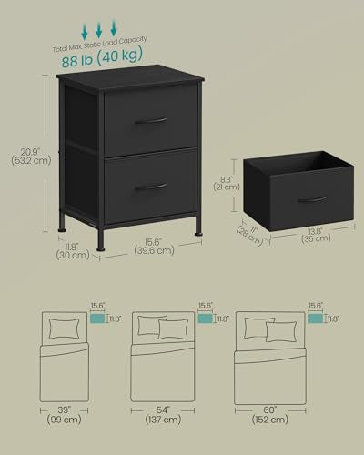 SONGMICS BELLAH Collection - Night Stand with 2 Drawers, Bedside Table, Side End Table, Nightstand for Bedroom, Modern, Ink Black and Ebony Black ULGS312B01S