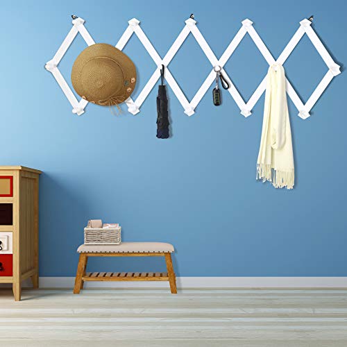 Accordian Wall Hanger: 16” High Wooden Wall Expandable Coat Rack, Hat Rack Holder, Accordion Hook for Baseball Caps, Coats, Mugs, 16 Peg Hooks, White