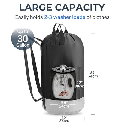 Large Backpack Laundry Bag (29" H × 15" Dia), Waterproof Clothes Hamper Bag, 900D Oxford Fabric Body and Double-Layer Nylon Base, Perfect for College Dorm, Travel, Apartment, Laundromat (Black)