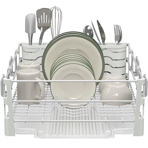 Simple Houseware Dish Drying Rack, White | with Drainboard, Utensil Holder and Mug Hooks
