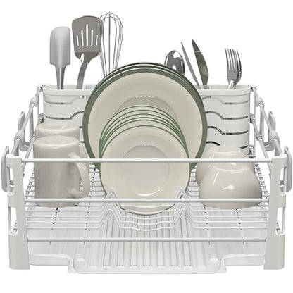 Simple Houseware Dish Drying Rack, White | with Drainboard, Utensil Holder and Mug Hooks
