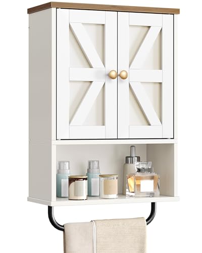 Bathroom Wall Cabinet, Medicine Cabinet with Open Partition and Towel Bar, Rustic Storage Cabinet with Open and Hidden Storage Space, for Bathroom, Living Room, Kitchen, White and Walnut