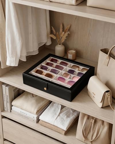 Lolalet 10/20 Slots Sunglasses Organizer with Slim Clear Lid | Eyeglasses Eyewear Display Case for Multiple Pairs of Glasses Collection Holder Box for Men Women