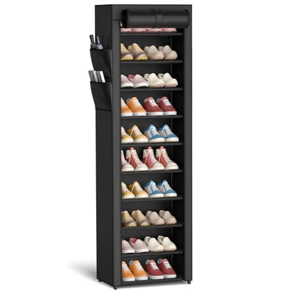 Kitsure 10-Tier Shoe Rack with Cover, Vertical Shelf, 17.5" Wide, Black | Space Saving Shoe Storage with Side Pocket, Shoe Organizer for Closet, Entryway, Bedroom, Zapateras Organizer