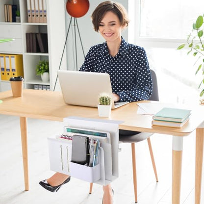 LUKETURE Desk Side Storage, 2 Tier Under Desk Laptop Mount with Pen Slot | Sturdy Steel Double Tier Strong, Magnetic Pen Holder, No Drill Clamp for Standing Desk Organizer, Fits 0.3-2.8" (White)