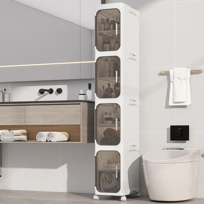 4 Tier Slim Bathroom Storage Cabinet, Foldable and Movable, White | Tools Free, ABS and PET, Magnetic Clear Door, Adjustable Shelves, Lockable Wheels, Water Resistant, For Narrow Space