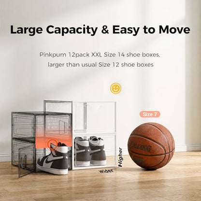 XXL 12 Pack Shoe Storage Box Clear Plastic Stackable Shoe Organizer | Large Capacity for Size 14, 6.8” Height for High Shoes, Ventilation Holes, Sneaker Storage for Sneakerheads, Closet Entryway