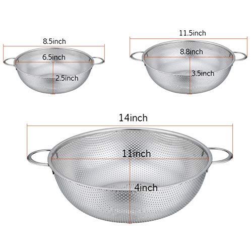 P&P CHEF Colander Set of 3, 1/3/5 Qt, Stainless Steel Colanders Strainers | Metal Micro-Perforated Colanders and Strainers for Draining Rinsing Washing, Ideal for Pasta Fruits, Dishwasher Safe