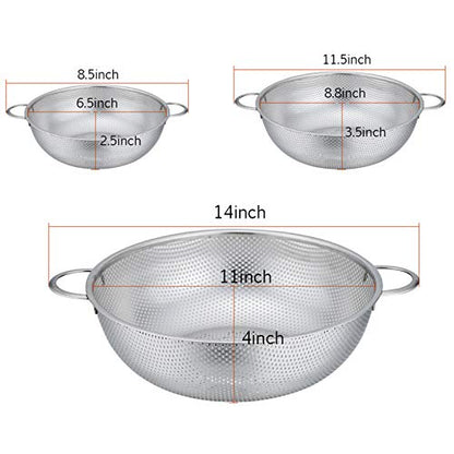 P&P CHEF Colander Set of 3, 1/3/5 Qt, Stainless Steel Colanders Strainers | Metal Micro-Perforated Colanders and Strainers for Draining Rinsing Washing, Ideal for Pasta Fruits, Dishwasher Safe