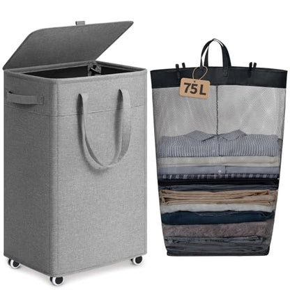 Goodpick 75L Rolling Laundry Hamper with Removable Wash Bag, Grey | 16.5 × 12.5 × 27.5 in, Reinforced Handles, Collapsible Design, Bathroom & Dorm Organization, Clothes & Blankets Storage