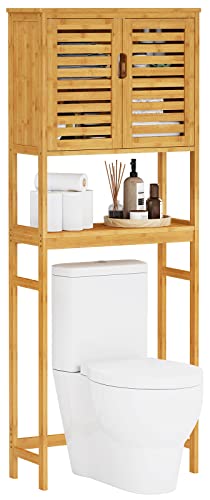 Over The Toilet Storage Cabinet, Tall Bathroom Cabinet Organizer with Cupboard and Adjustable Shelves, Freestanding Toilet Shelf Space Saver Rack Stand for Laundry Room, Balcony, Bamboo