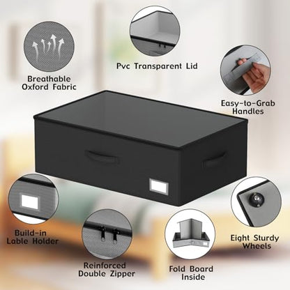 Underbed Storage Bins With Wheels, No Assemble Required 10 inches Height Large Capacity Rolling Underbed Shoe Storage Containers，Dorm Underbed Storage Drawers