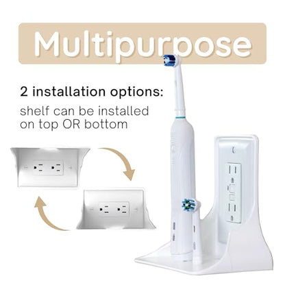 Power Perch Horizontal Outlet Shelf Organizer for Alexa Echo Dot Speakers, Phone - Wall Outlet Holder with Cord Storage Strap - Socket Shelf Bathroom Kitchen Counter Charging Station - White 1 Pack