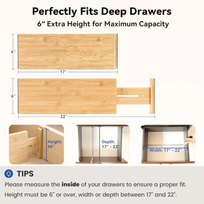 4 Pack Deep Drawer Dividers, 6" High Bamboo Expandable Drawer Organizers, 17-22" Adjustable Tension Separators, Large Drawer Dividers for Kitchen, Bedroom Dresser, Baby Nursery & Bathroom