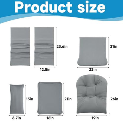 6 PCS Glider Rocker Replacement Cushions with Storage Side Pocket,Foam & Microfiber Filling, Non-Slip & Washable,Thickened & Supportive Velvet Rocking Chair Cushion Set(Gray)