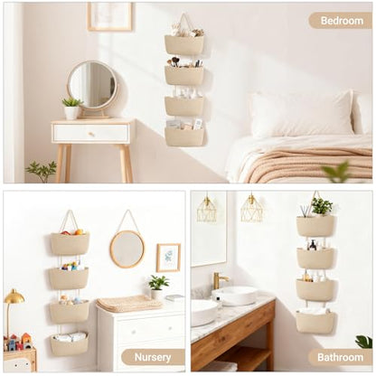 Dahey Over The Door Hanging Basket Storage 4-Tier Woven Wall Basket, Jute | Space-Saving, Hook Fits 1.77" Door, Widely Boho Nursery Organizer for Bathroom Bedroom Dorm Decor, Detachable Adjustable Rope