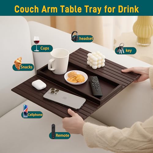 Bamboo Couch Arm Tray Table，Foldable Sofa Armrest Tray Table for Couch，Flexible and Anti-Slip Couch Arm Cup Holder，Portable Sofa Arm Chair Table for Drink,Cups, Eats，Snacks, Phone, Remote